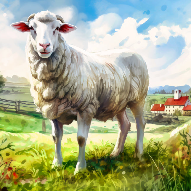 Sheep standing in a grassy field with a scenic background fabric panel