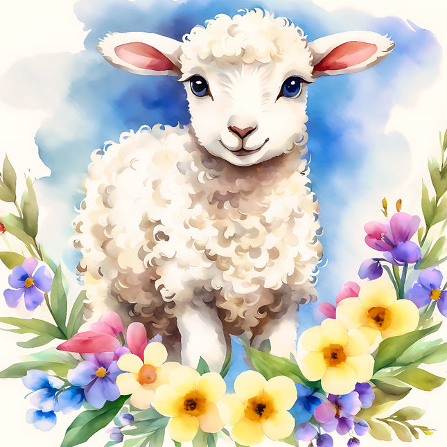Illustration of a fluffy lamb surrounded by colorful flowers and leaves fabric panel