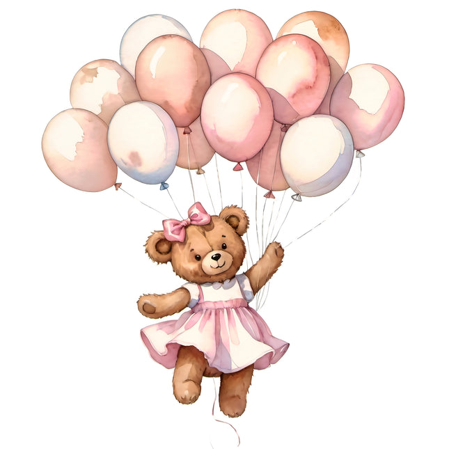 Pink Teddy Bear & Balloons 100% Cotton Fabric Panel Block T107