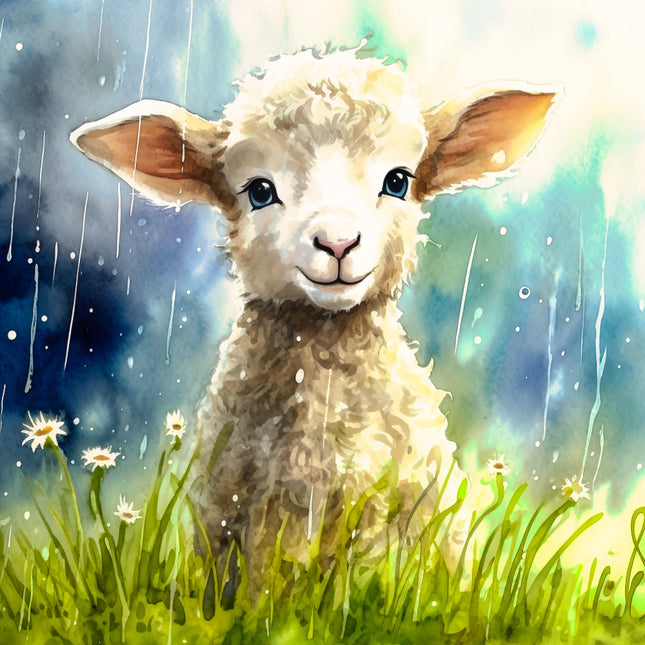 Illustration of a lamb in a grassy field with raindrops fabric panel