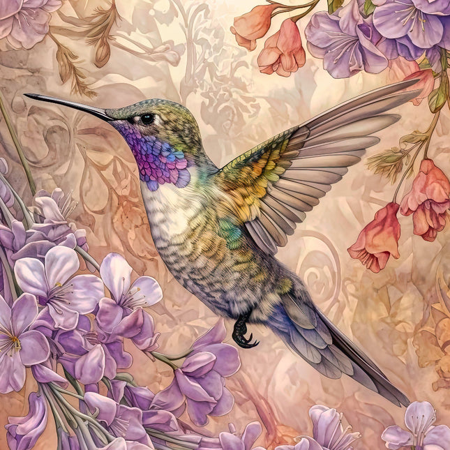 Colorful hummingbird surrounded by flowers on a detailed floral background fabric panel