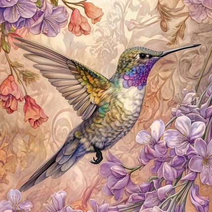 Colorful hummingbird surrounded by flowers fabric panel