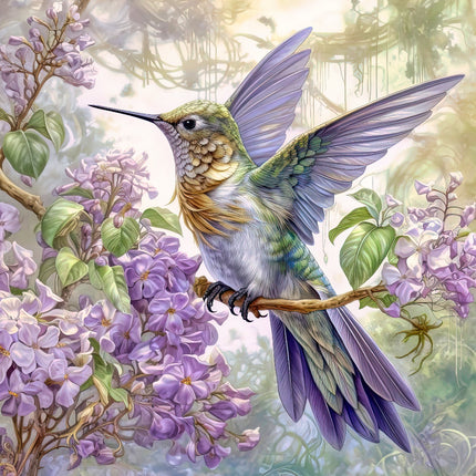 Colorful hummingbird perched on a branch with purple flowers in a lush garden setting quilt block