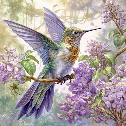 Hummingbird perched on a branch with purple flowers fabric panel