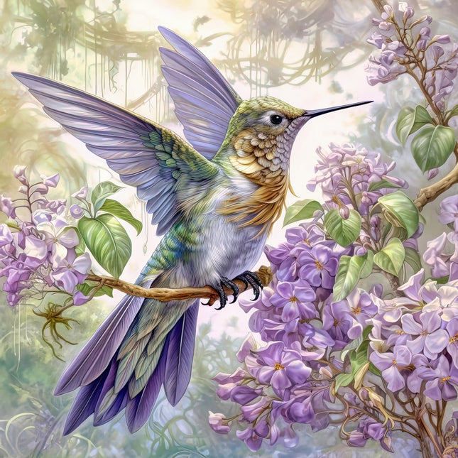 Hummingbird perched on a branch with purple flowers fabric panel