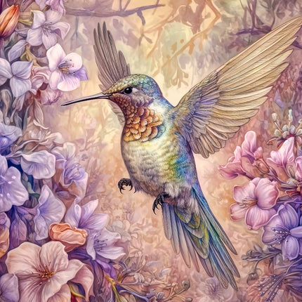 Colorful hummingbird flying among flowers in a detailed floral setting fabric panel