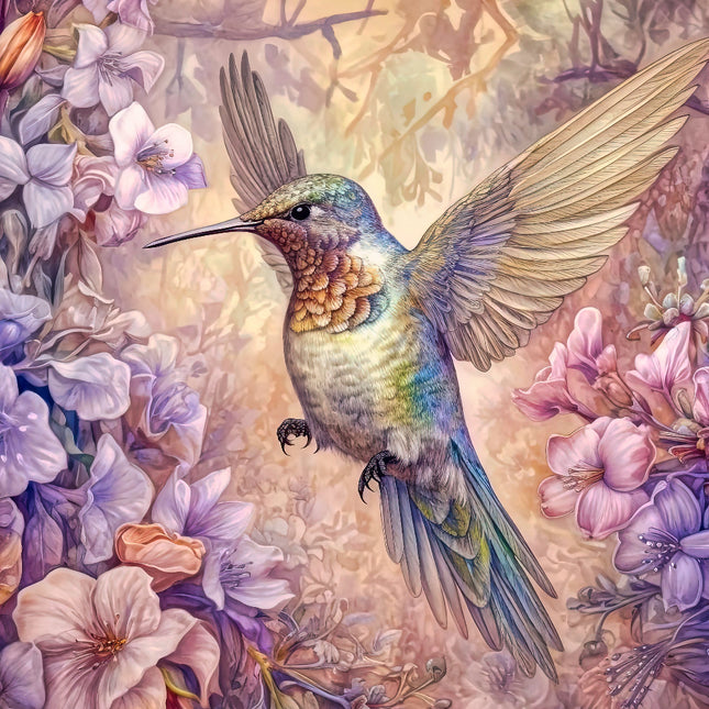 Colorful hummingbird flying among flowers in a detailed floral setting fabric panel