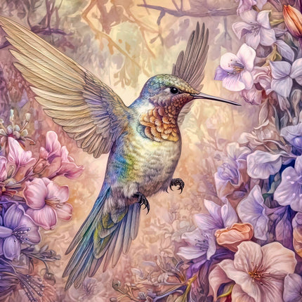 Colorful hummingbird surrounded by flowers fabric panel