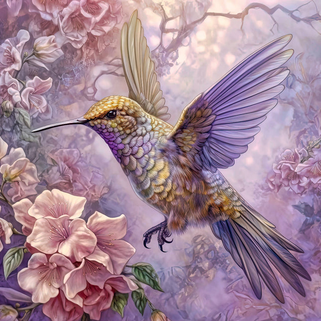 Colorful hummingbird flying among pink flowers on a soft pastel background quilt panel