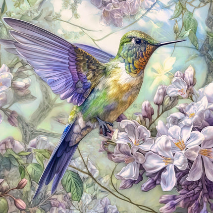 Colorful hummingbird perched on flowers with a soft, pastel background fabric panel
