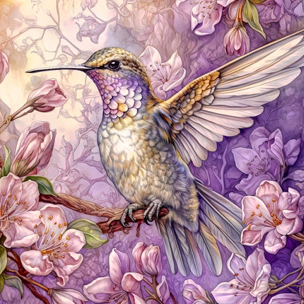 Colorful hummingbird perched on a branch with pink flowers in the background fabric panel