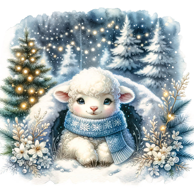 Illustration of a cute lamb in a snowy scene with trees and lights fabric panel