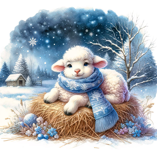 Illustration of a lamb wearing a blue scarf in a snowy landscape with trees and a cabin.