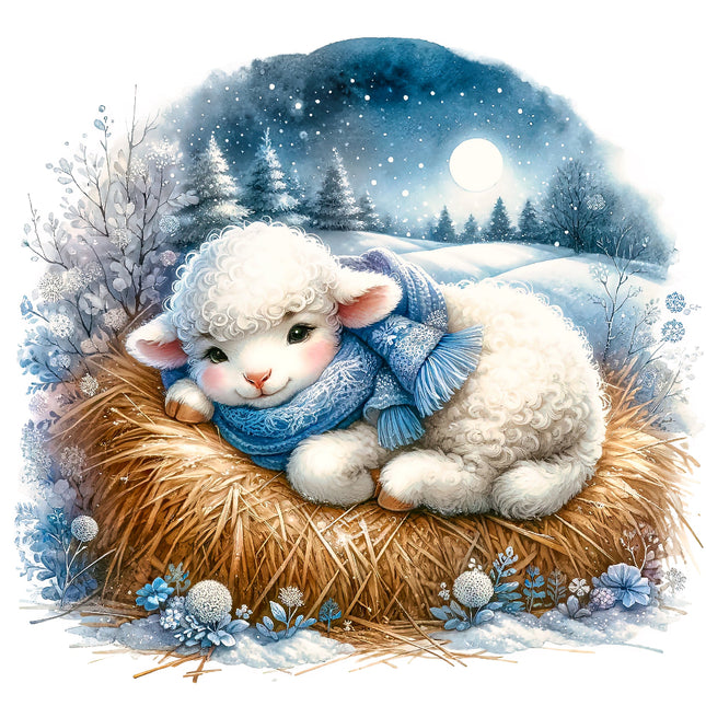 Illustration of a lamb in a blue sweater sitting on hay in a snowy landscape with trees and a moonlit sky.