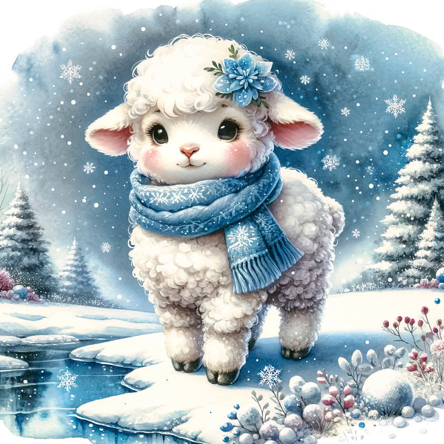 Illustration of a cute lamb in a snowy landscape with a blue scarf and flower headband fabric panel