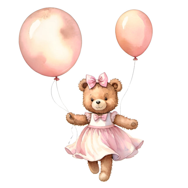 Pink Teddy Bear & Balloons 100% Cotton Fabric Panel Block T110