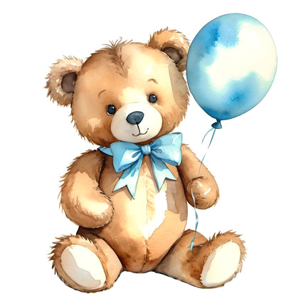 Blue Teddy Bear & Balloon 100% Cotton Fabric Panel Block T111