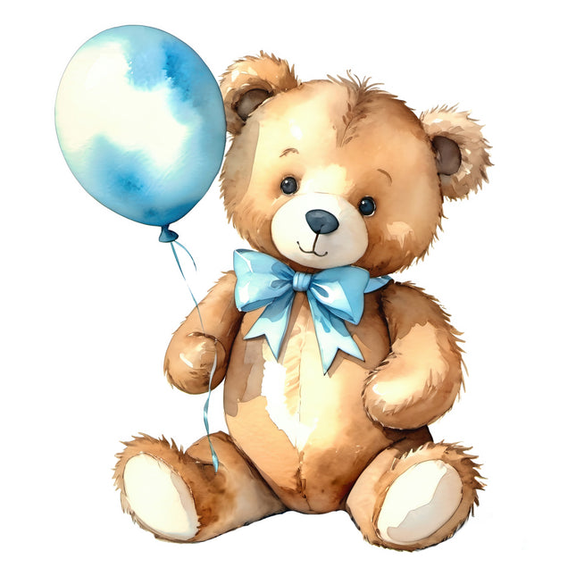 Teddy bear with a blue bow tie and balloon quilt block