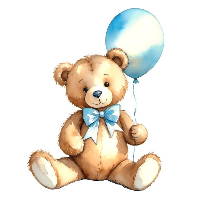 Blue Teddy Bear & Balloon 100% Cotton Fabric Panel Block T112