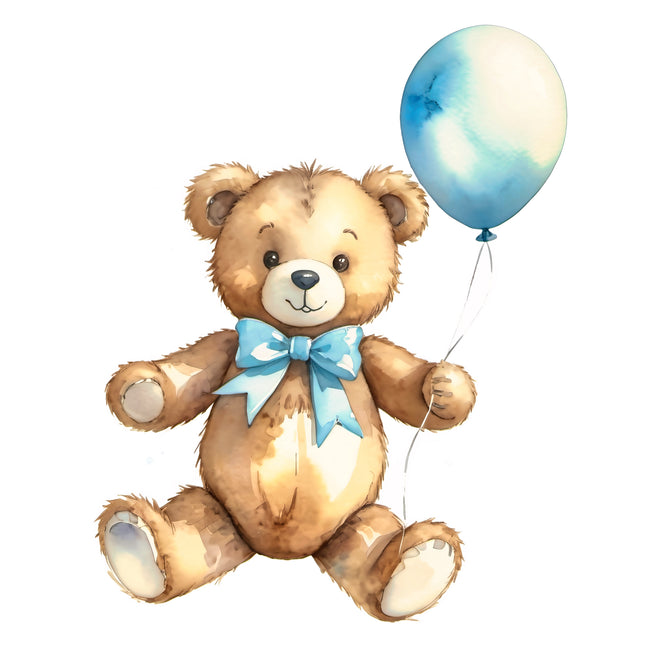 Blue Teddy Bear & Balloon 100% Cotton Fabric Panel Block T113