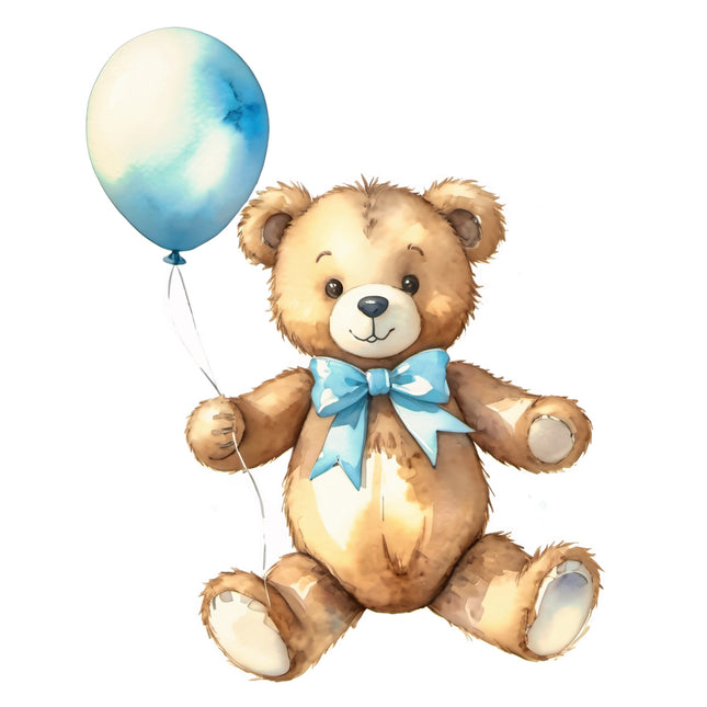 Teddy bear with a blue bow tie and balloon quilt block