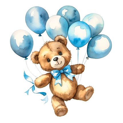 Blue Teddy Bear & Balloons 100% Cotton Fabric Panel Block T116