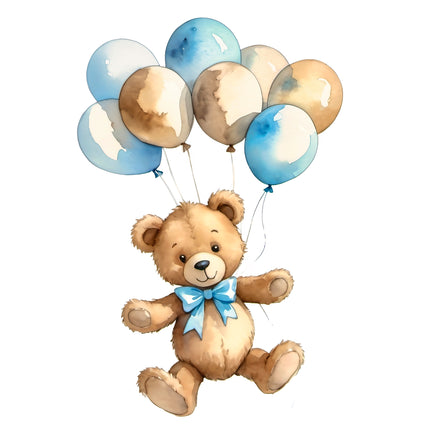 Blue Teddy Bear & Balloons 100% Cotton Fabric Panel Block T117