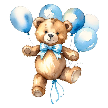 Blue Teddy Bear & Balloons 100% Cotton Fabric Panel Block T118