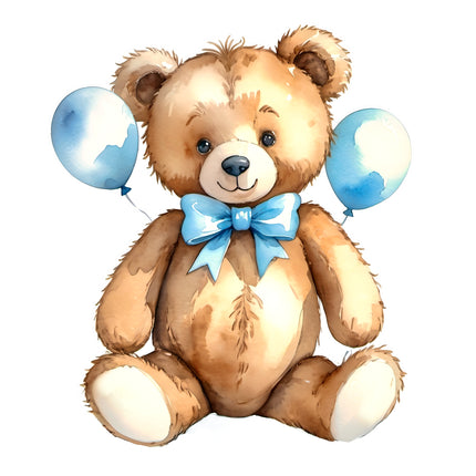 Blue Teddy Bear & Balloons 100% Cotton Fabric Panel Block T119