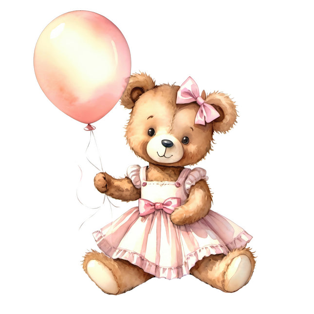 Teddy bear in a pink dress holding a pink balloon quilting block