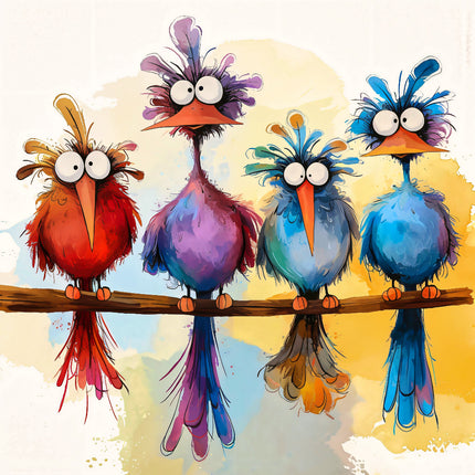 Four colorful cartoon birds perched on a branch fabric panel