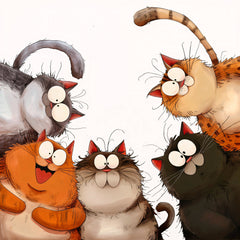 Illustration of five cartoon cats with various colors and expressions fabric panel