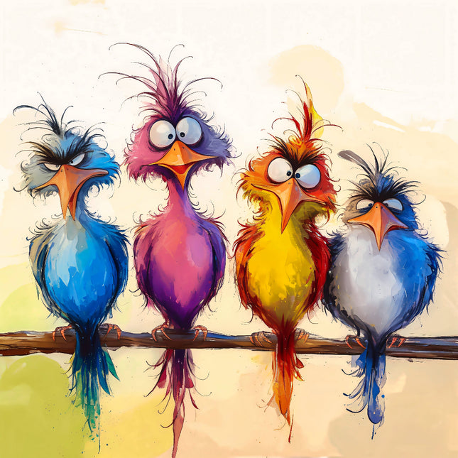 Four colorful cartoon birds sitting on a branch against a light background