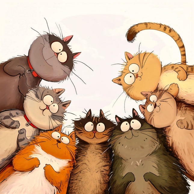 Illustration of a group of cartoon cats with various colors and expressions fabric panel