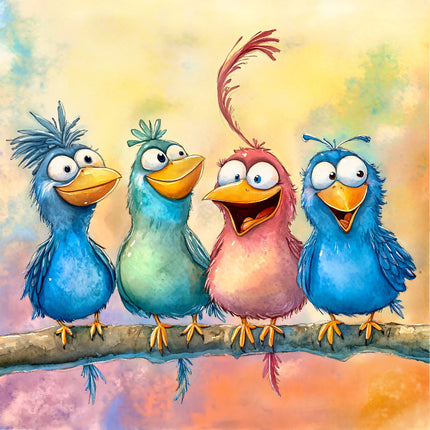 Four colorful cartoon birds perched on a branch with a pastel background