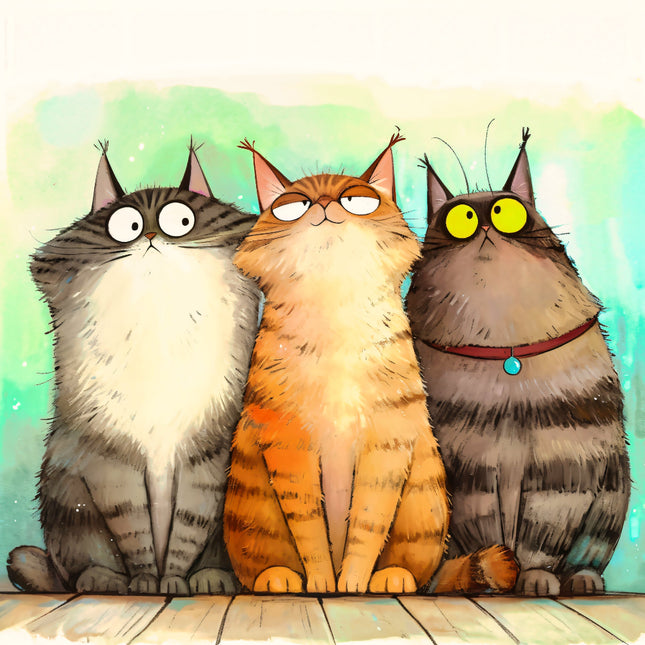 Three cartoon cats sitting together on a wooden floor quilt panel