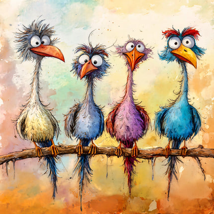 Four colorful cartoon birds sitting on a branch against a watercolor background