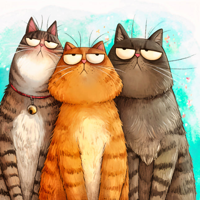 Three cartoon cats with different fur colors standing together against a light blue background fabric panel