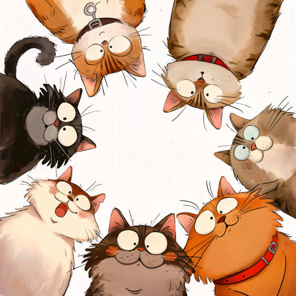 Illustration of various cartoon cats with different expressions and colors fabric panel