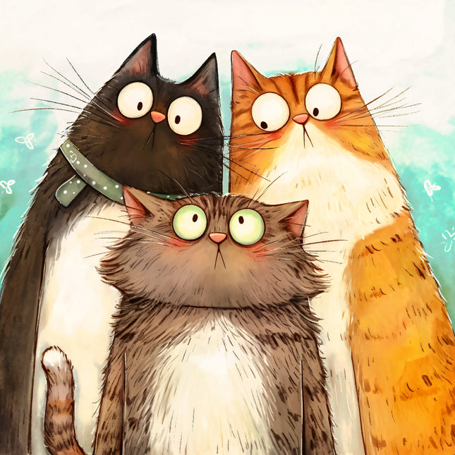 Three cartoon cats with large eyes against a light blue background