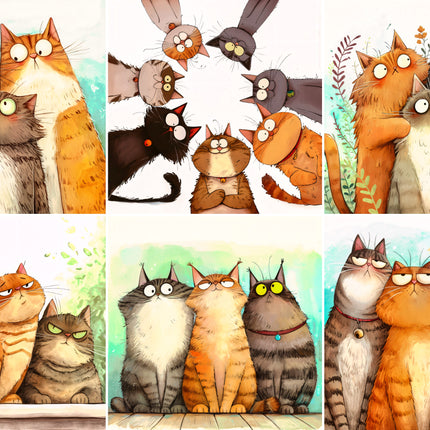 6 Piece 3"x3" Quirky Cats 100% Cotton Fabric Panel Squares Quilting Blocks