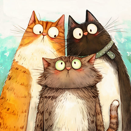 Three cartoon cats with large eyes fabric panel