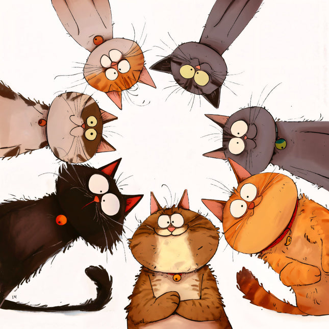 Illustration of eight cartoon cats in various poses fabric panel