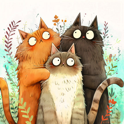 Three cartoon cats with large eyes against a floral background quilt panel