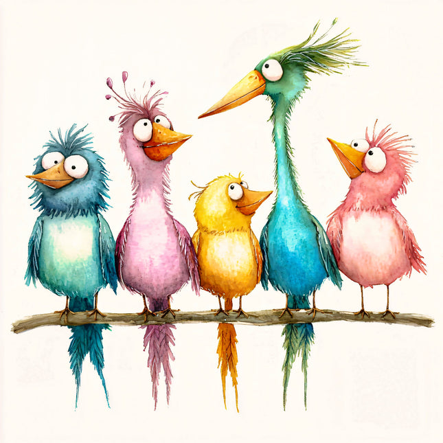 Five colorful cartoon birds perched on a branch fabric panel