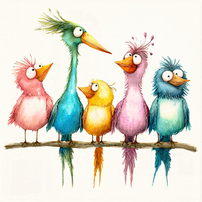 Colorful cartoon birds sitting on a branch fabric panel