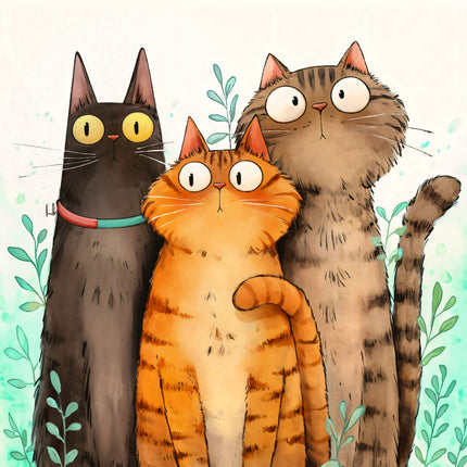 Illustration of three cats standing together with a light green leafy background quilt panel