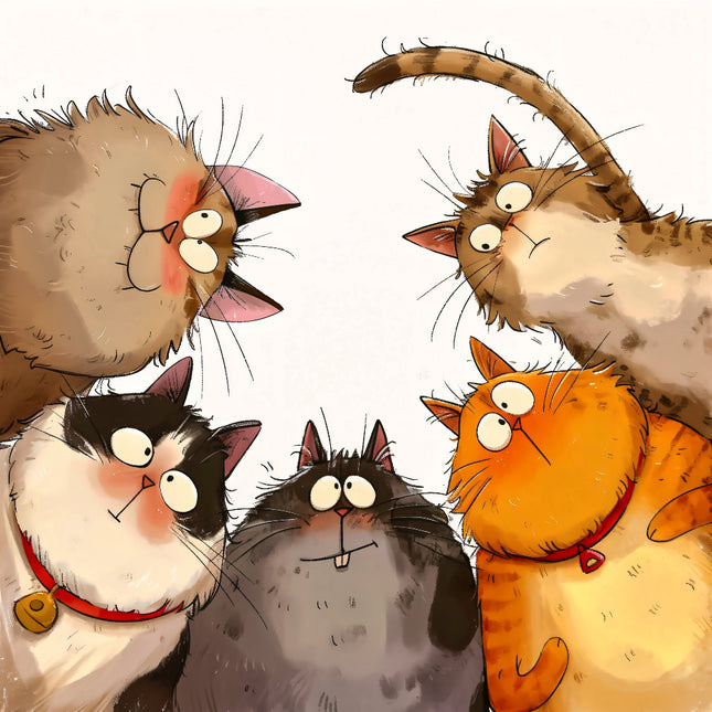 Illustration of six cartoon cats with various colors and expressions fabric panel