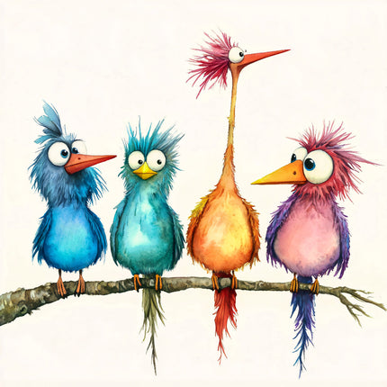 Four colorful cartoon birds sitting on a branch fabric panel