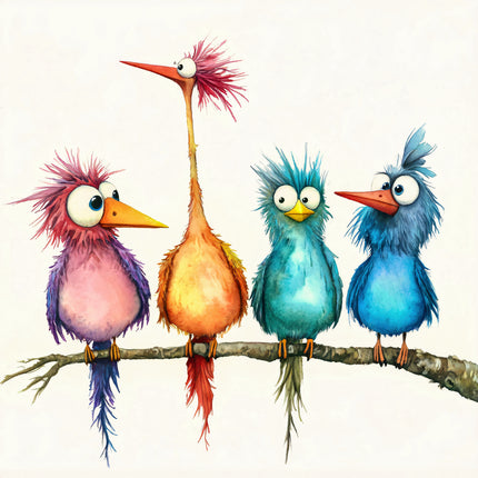 Four colorful cartoon birds perched on a branch fabric panel